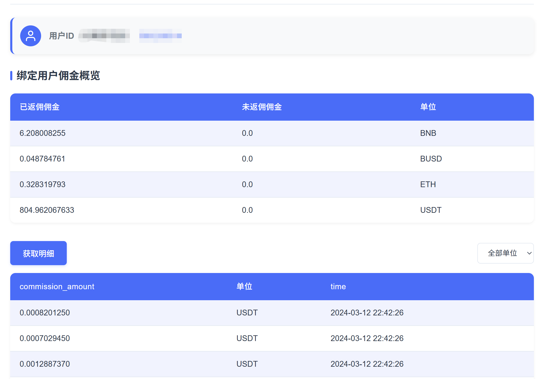 用戶返佣明細界面